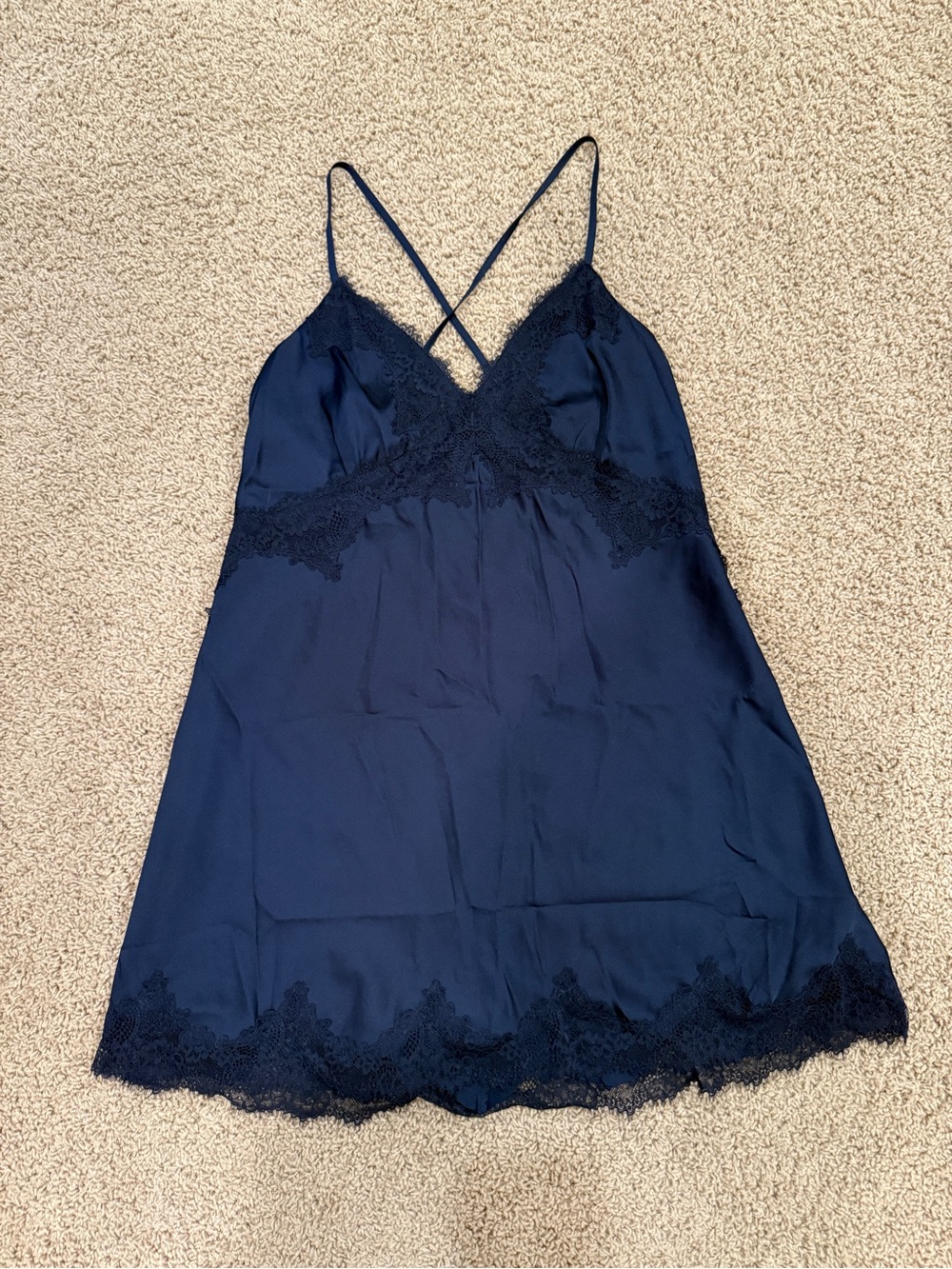 Abercrombie & Fitch Navy Blue Satin Pajama Slip Dress with Lace Trim